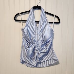 COMMENSE Blue White Striped Halter Neck Front Tie Button Front Cropped Top Small